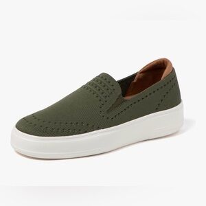 dearfoams Women's Slip-On Knit Loafer in Olive Green with White Sole